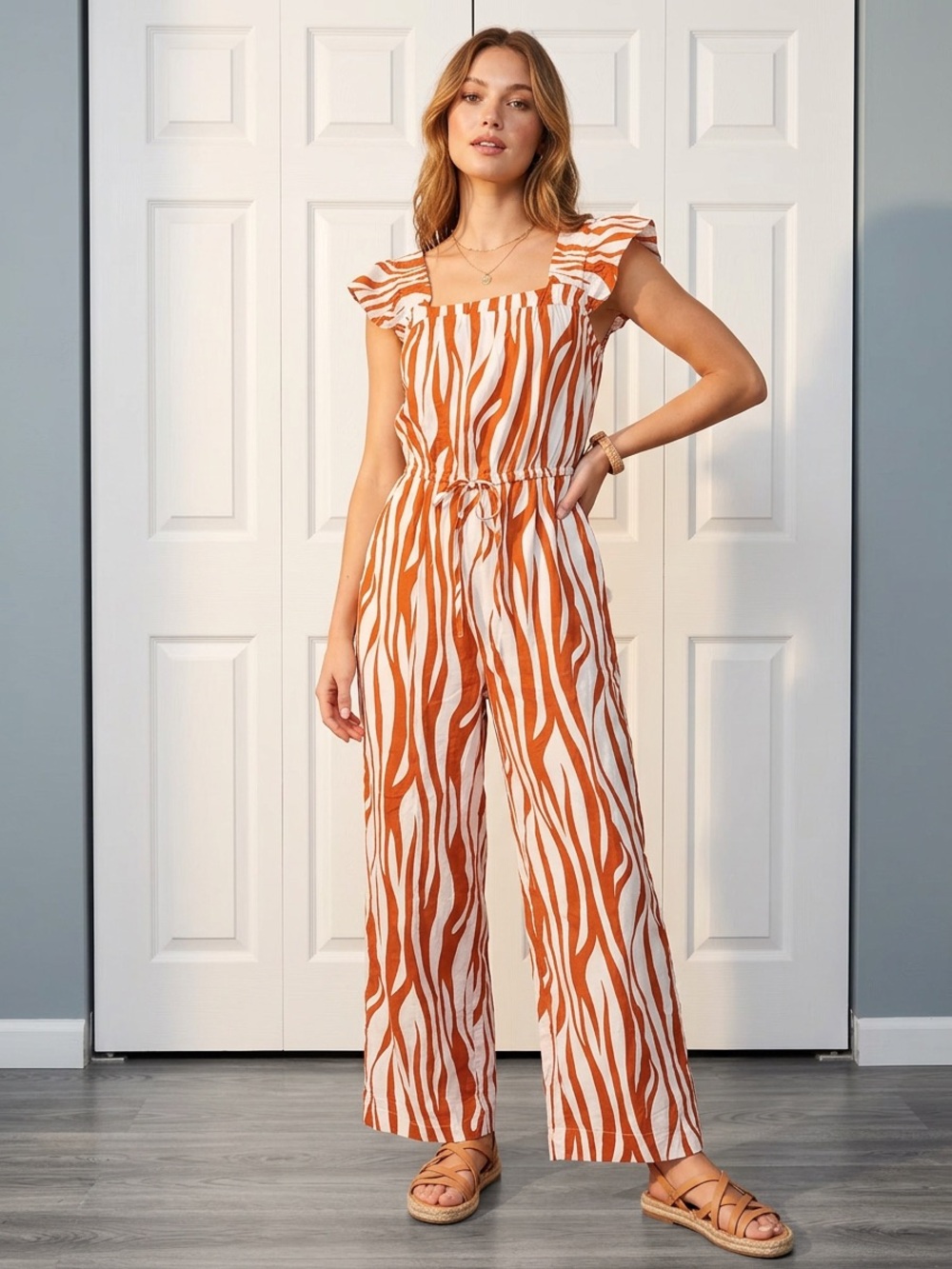 Rust Zebra-Stripe Square-Neck Jumpsuit with Ruffle Sleeves